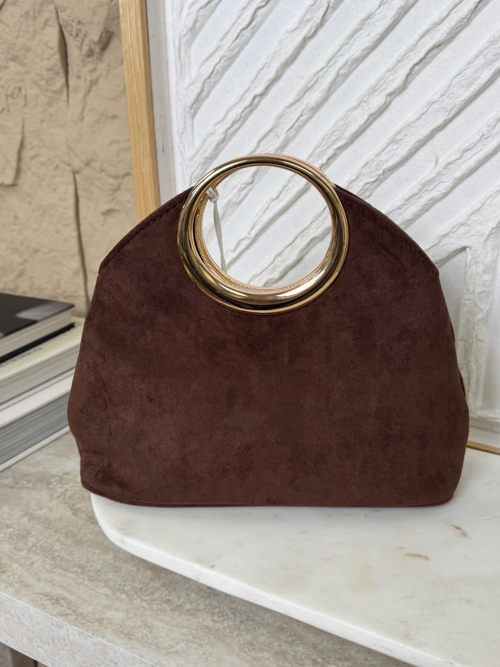 Haute Hippie Chocolate Brown Suede Clutch with Gold Ring Handle